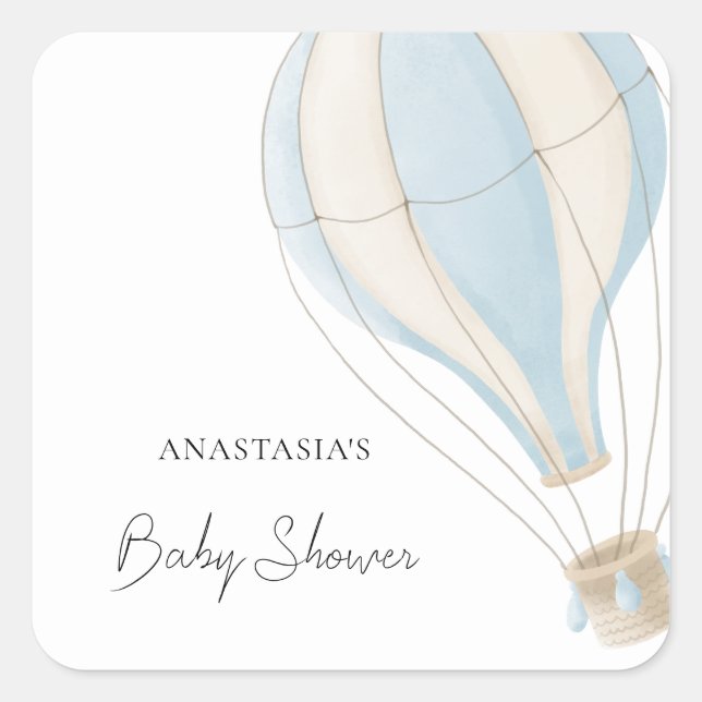 Blue Hot Air Ballon Boy Baby Dusche Quadratischer Aufkleber (Vorderseite)