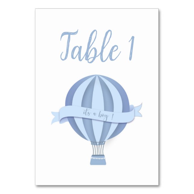 Blue Hot Air Ballon Boy Baby Dusche Tischnummer (Vorderseite)