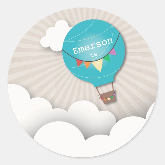 Blue Hot Air Ballon Geburtstagsparty Sticker (Vorderseite)
