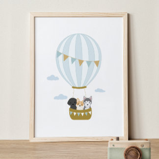 Blue Hot Air Ballon Hunde Kinderzimmer Decor Poste Poster