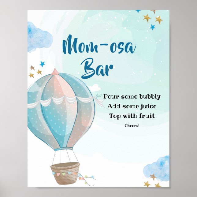 Blue Hot Air Ballon Momosa Bar Baby Dusche Poster (Vorne)