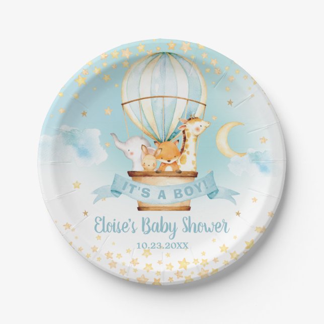 Blue Hot Air Ballon Niedlicher Tiere Boy Baby Dusc Pappteller (Vorderseite)