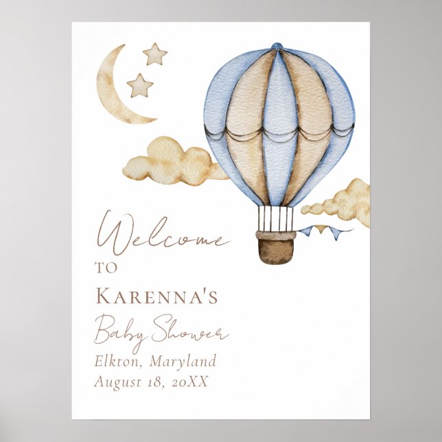 Blue Hot Air Ballon White Baby Dusche Willkommen Poster (Vorne)
