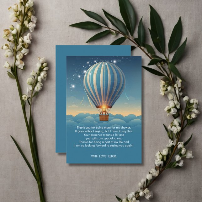 Blue Hot Air Balloon Adventure erwartet Baby Showe Dankeskarte (Von Creator hochgeladen)