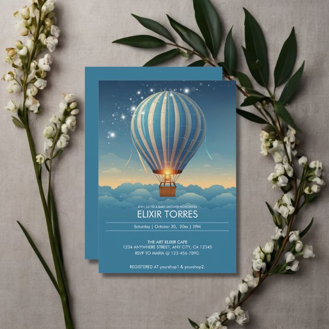Blue Hot Air Balloon Adventure erwartet Baby Showe Einladung (Von Creator hochgeladen)