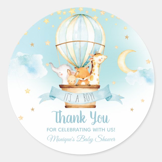Blue Hot Air Balloon Animals Baby Shower Favorit Runder Aufkleber (Vorderseite)