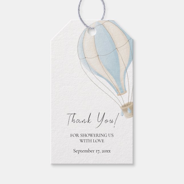 Blue Hot Air Balloon Baby Dusche Vielen Dank Geschenkanhänger (Vorderseite)
