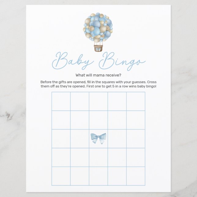 Blue Hot Air Balloon Baby Showdusche Bingo Game (Vorderseite)