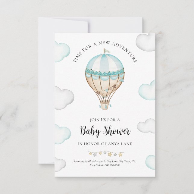 Blue Hot Air Balloon Baby shower Invitation Garçon (Devant)