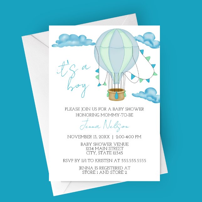 Blue Hot Air Balloon “It’s a Boy” Baby Shower Einladung (Blue and Green Hot Air Balloon Its a Boy Baby Shower Invitation)