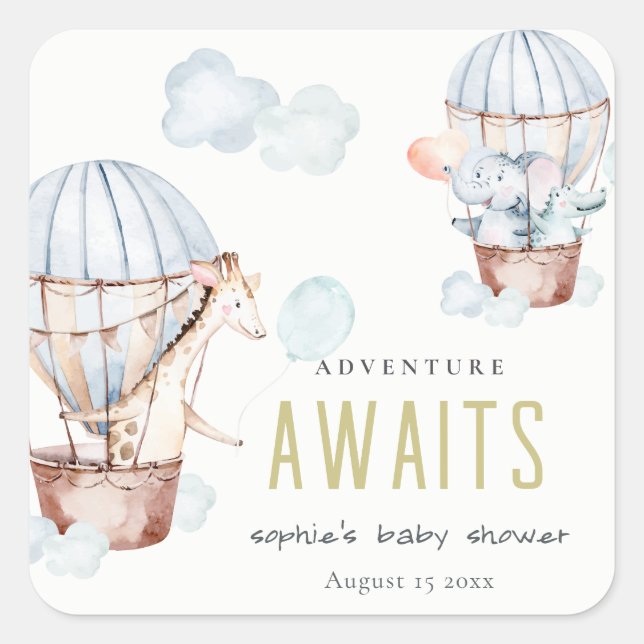 Blue Hot Air Balloon Safari Animals Baby Dusche Quadratischer Aufkleber (Vorderseite)