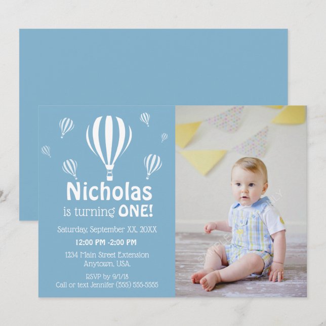 Blue Hot Air Balloons Baby's First Birthday Foto Einladung (Vorne/Hinten)