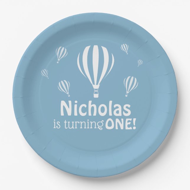 Blue Hot Air Balloons Baby's First Birthday Pappteller (Vorderseite)