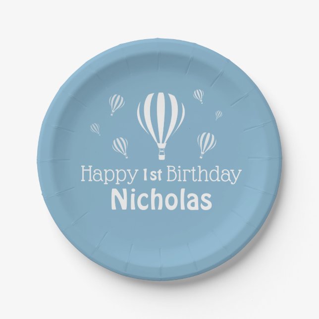 Blue Hot Air Balloons Baby's First Birthday Pappteller (Vorderseite)