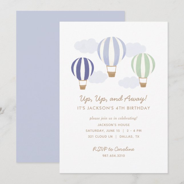 Blue Hot Air Balloons Boy Birthday Party Einladung (Vorne/Hinten)