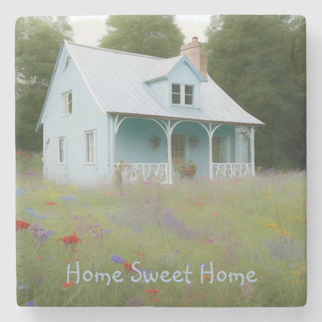 Blue House Housewarming Steinuntersetzer (Vorderseite)