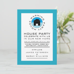 Blue House Logo, Party zur Wohnungsaufwärmung, Par Einladung