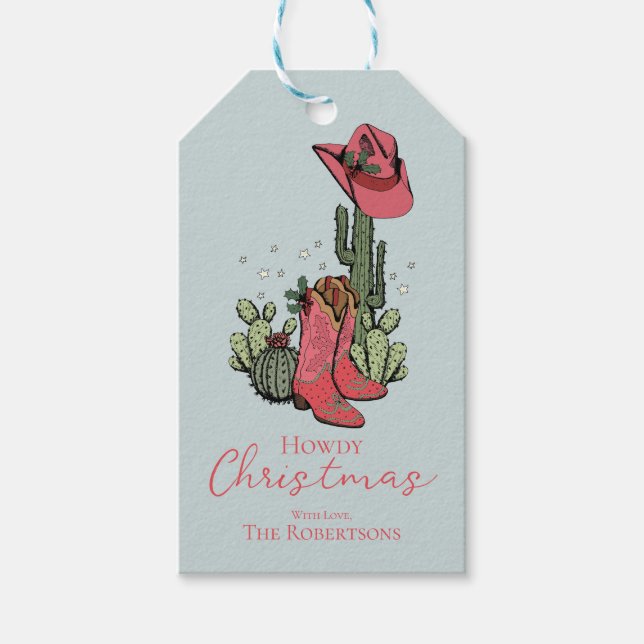Blue Howdy Christmas Cowgirl Stiefel und Cacti Geschenkanhänger (Vorderseite)