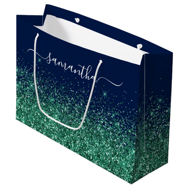 Blue Hunter Green Glitzer Mitternacht Name Große Geschenktüte (Vorderseite Schrägansicht)