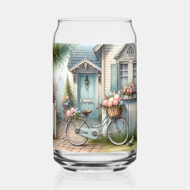 Blue Hütte Bike mit Spring Blume Basket Dosenglas (Vorderseite)