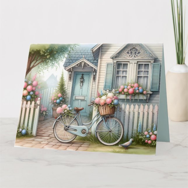 Blue Hütte Bike mit Spring Blume Basket Karte (Vorderseite)