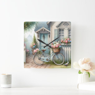 Blue Hütte Bike mit Spring Blume Basket Quadratische Wanduhr