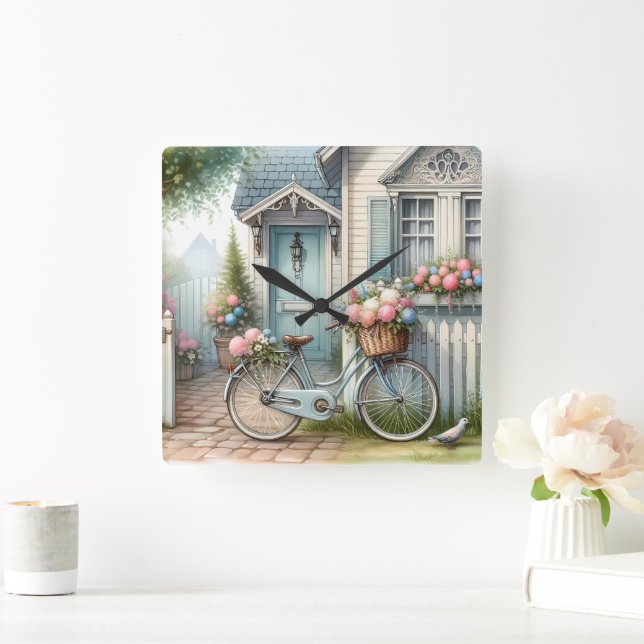 Blue Hütte Bike mit Spring Blume Basket Quadratische Wanduhr (Zuhause)