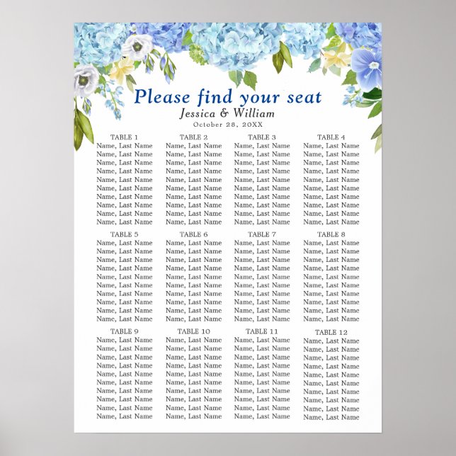Blue Hydrangea 12 Tische Hochzeitszettel Poster (Vorne)