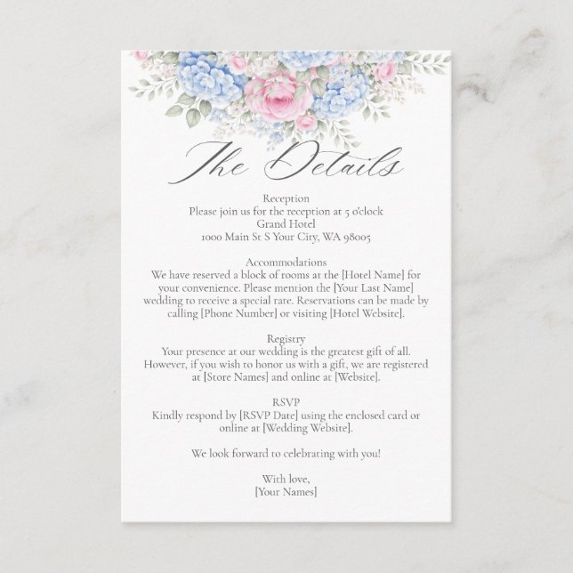 Blue Hydrangea and Pink Rose Floral Garden Wedding Begleitkarte (Vorderseite)