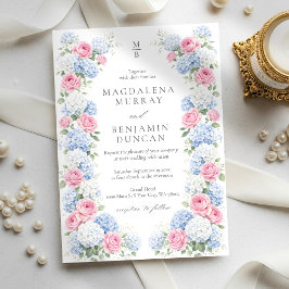 Blue Hydrangea and Pink Rose Floral Garden Wedding Einladung