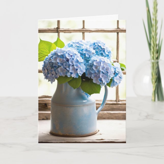 Blue Hydrangea Anniversary Bouquet In Window Karte (Vorderseite)