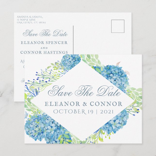 Blue Hydrangea Anspruchsvolle Hochzeit Ankündigungspostkarte (Vorne/Hinten)