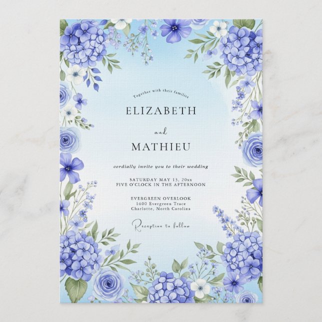 Blue Hydrangea Artistic Bloom Wedding Einladung (Vorderseite)