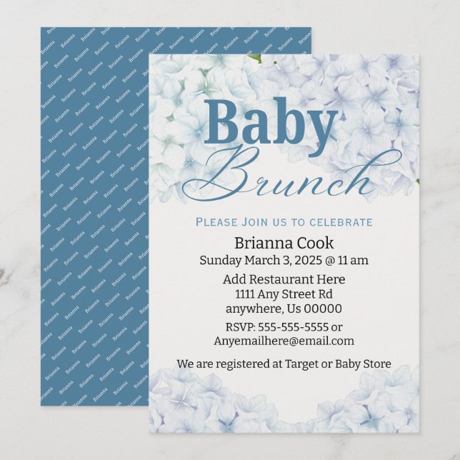 Blue Hydrangea Baby Dusche/Baby Brunch Einladungen (Vorne/Hinten)