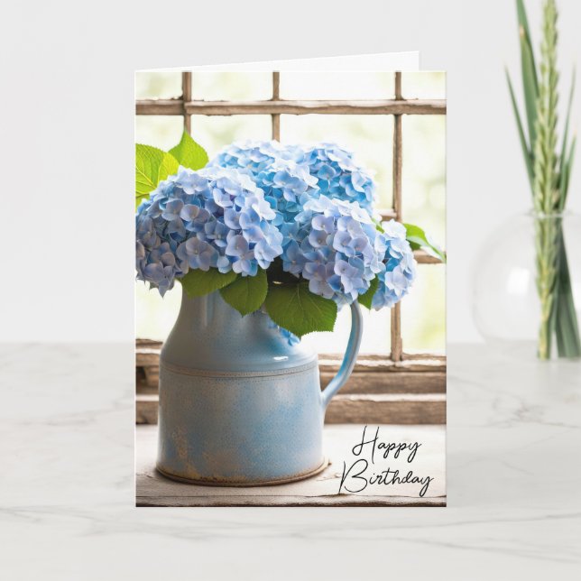Blue Hydrangea Birthday Bouquet in Window Karte (Vorderseite)