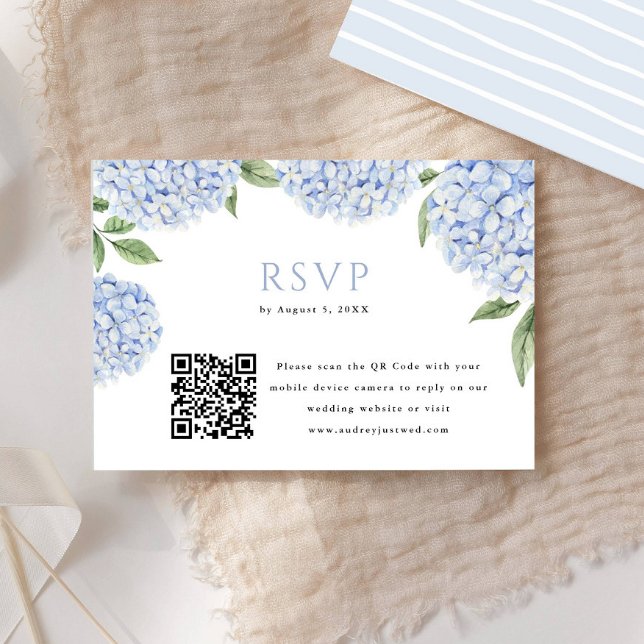 Blue Hydrangea Bloom QR Blockdruckantwort RSVP Karte (Von Creator hochgeladen)