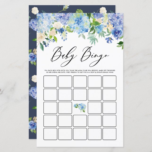 Blue Hydrangea Blume Baby Dusche Bingo Game Card (Vorne/Hinten)