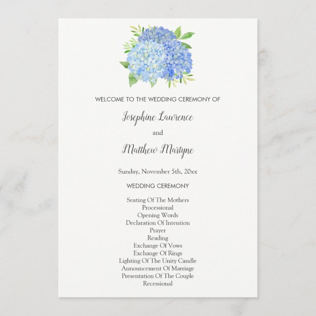 Blue Hydrangea Blume Foliage Wedding Programm (Vorderseite)