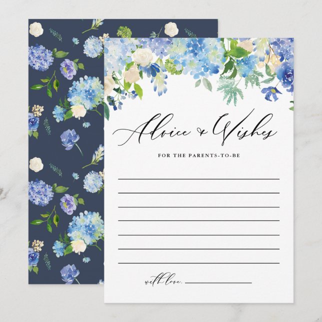 Blue Hydrangea Blume Garland Baby Dusche Hinweiskarte (Vorne/Hinten)