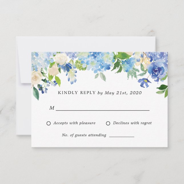 Blue Hydrangea Blume Hochzeitsszenario RSVP Antwor Karte (Vorderseite)