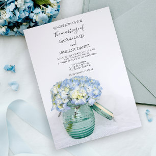 Blue Hydrangea Blume in Glass Jar Vase Wedding Einladung