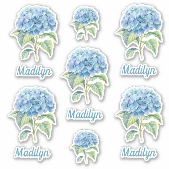 Blue Hydrangea Blume mit Ihrem Namen Vinyl Aufkleber (Vorderseite)
