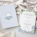 Blue Hydrangea Blume, Personalisiertes Wappen Hoch Einladung<br><div class="desc">Dieses schöne Design zeichnet sich durch blaue Hydrangea Blüten und Ihren eigenen Text aus. Auf der Rückseite ist ein Aquarell lackiertes Wappen mit einem Band und Hydrangeas. Fügen Sie Ihre Informationen mithilfe des Vorlagenformulars hinzu.</div>