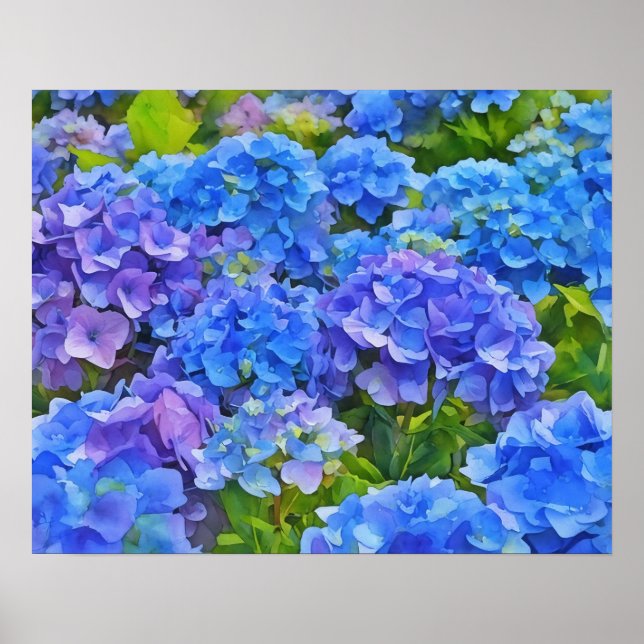 Blue Hydrangea Blume Wasserfarben Art Poster (Vorne)