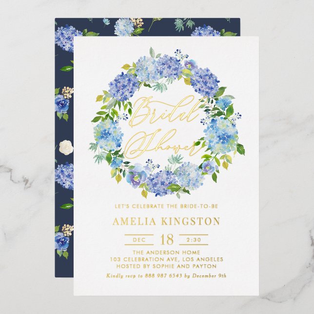Blue Hydrangea Blume Wreath Brautparty Folieneinladung (Vorderseite/Rückseite)