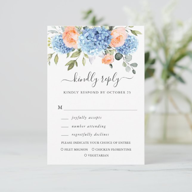 Blue Hydrangea Blush Pink Roses Blume Hochzeit RSVP Karte (Stehend Vorderseite)