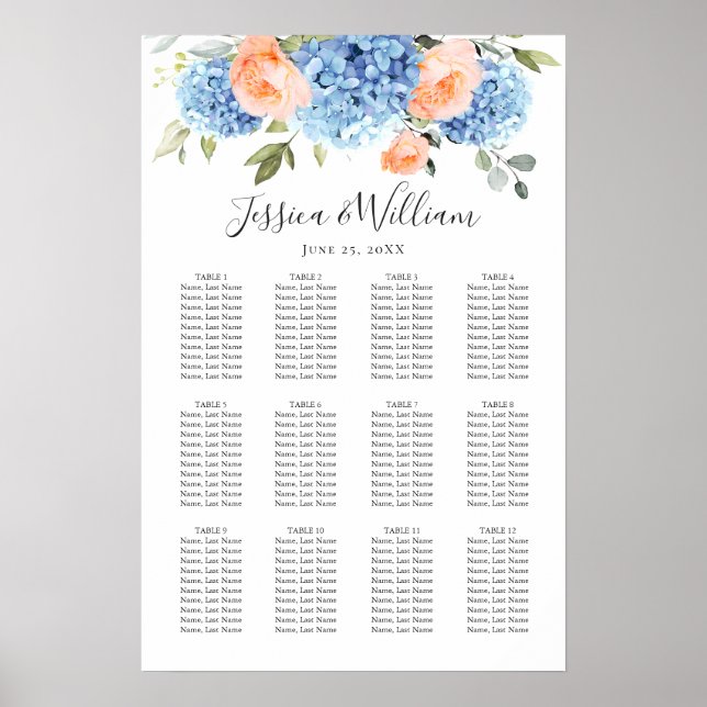 Blue Hydrangea Blush Rose 12 Tables SITZENSTRECKE Poster (Vorne)