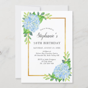 Blue Hydrangea Border Birthday Einladung