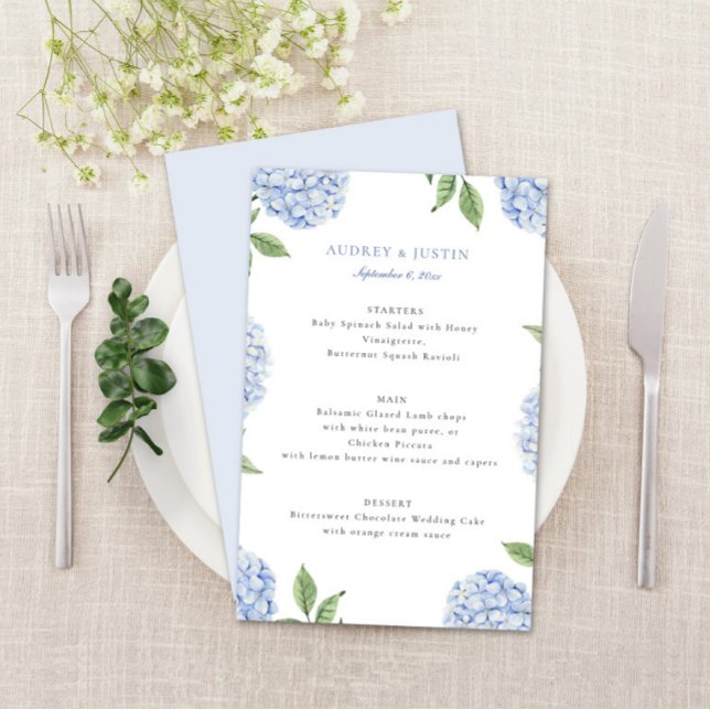 Blue Hydrangea Border Classic Wedding Paper Menü (Von Creator hochgeladen)