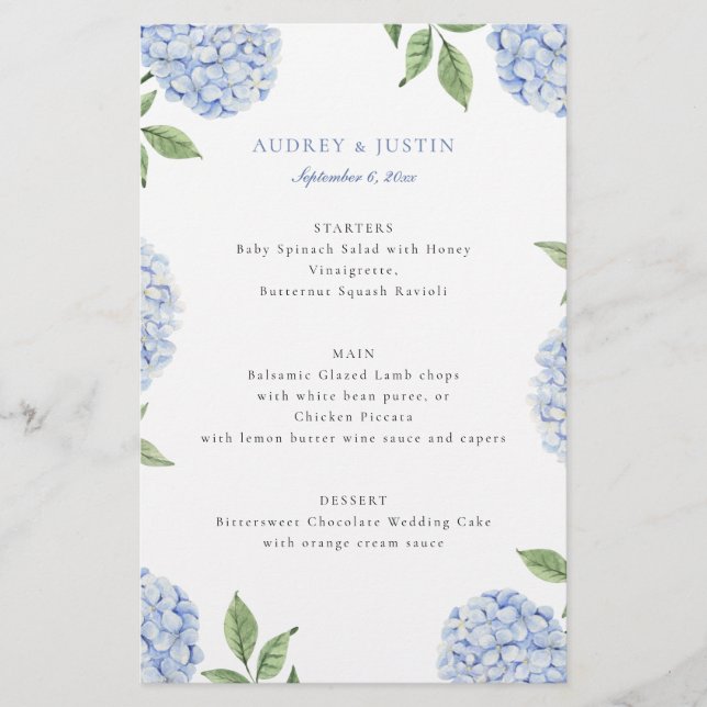 Blue Hydrangea Border Classic Wedding Paper Menü (Vorne)